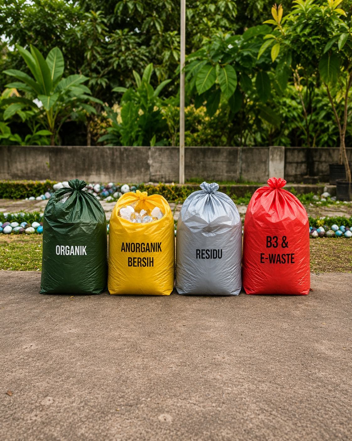 Empat karung sampah berlabel Organik, Anorganik Bersih, Residu, dan B3 & E-Waste