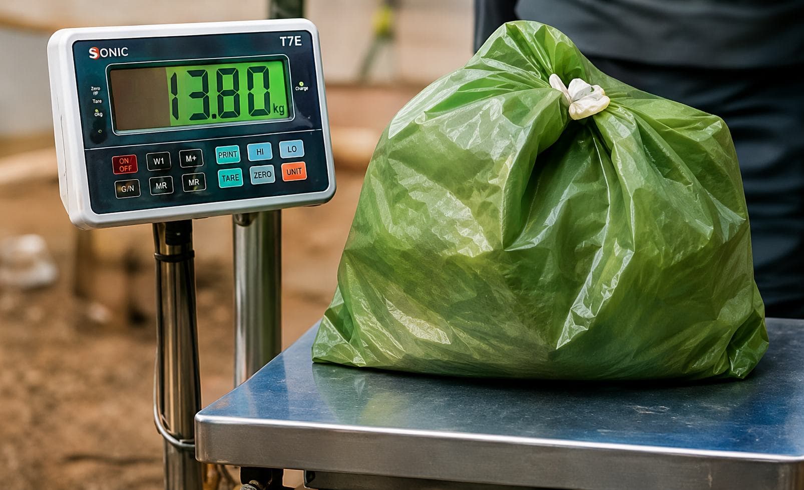 Kantong sampah organik di atas timbangan digital menunjukkan 1.380 kg